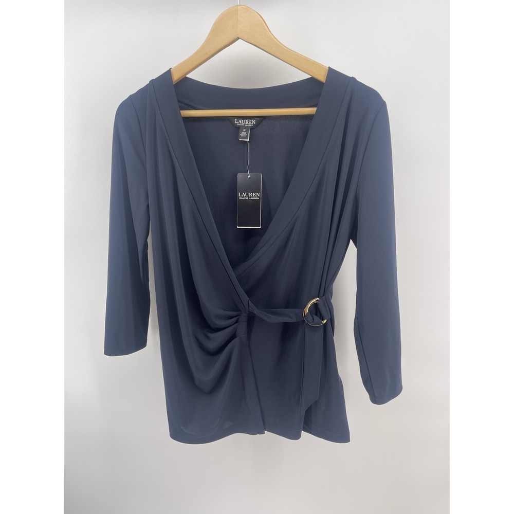 New Lauren Ralph Lauren Women's M Navy Blue Surplice Stretch Jersey Top NWT